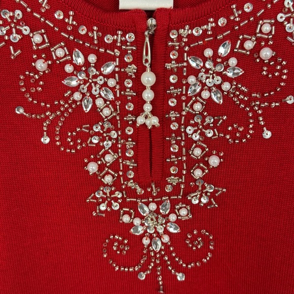 Quaker Factory Festive Red Beaded Embellished Sweater sz 1X Holiday Christmas - Picture 3 of 9